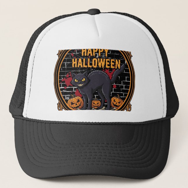 Happy Halloween Black Cat Pumpkins Bones_1 Trucker Hat (Front)