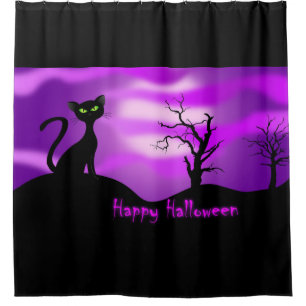 Happy Halloween Black Cat Purple Shower Curtain