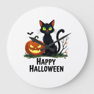 Happy Halloween Black Cat Rescue T-shirt Pumpkin Large Clock