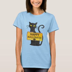 Happy Halloween Black Cat Rustic Sign Shirt