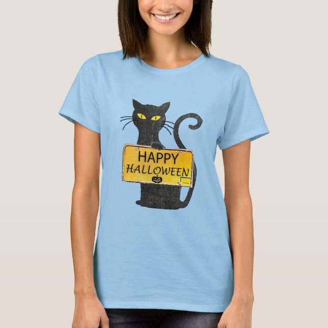 Happy Halloween Black Cat Rustic Sign Shirt (Front)