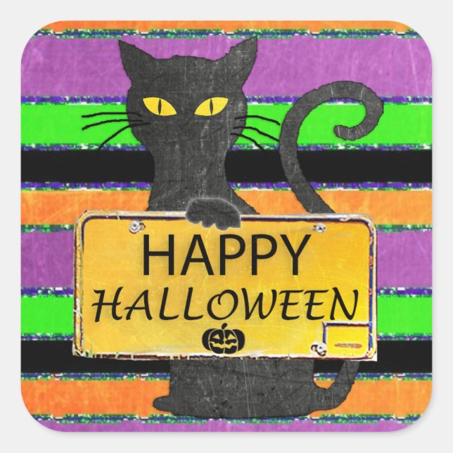 Happy Halloween Black Cat Rustic Sign Stickers (Front)