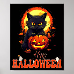 Happy Halloween Black Cat Scary Cat Ghost Pumpkin Poster