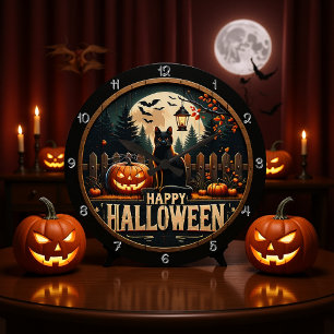 Happy Halloween Black Cat Scene Large Clock