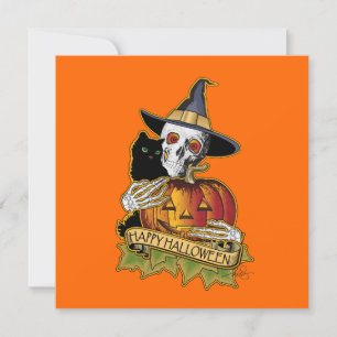 Happy Halloween Black Cat, Skull and Pumpkin Card