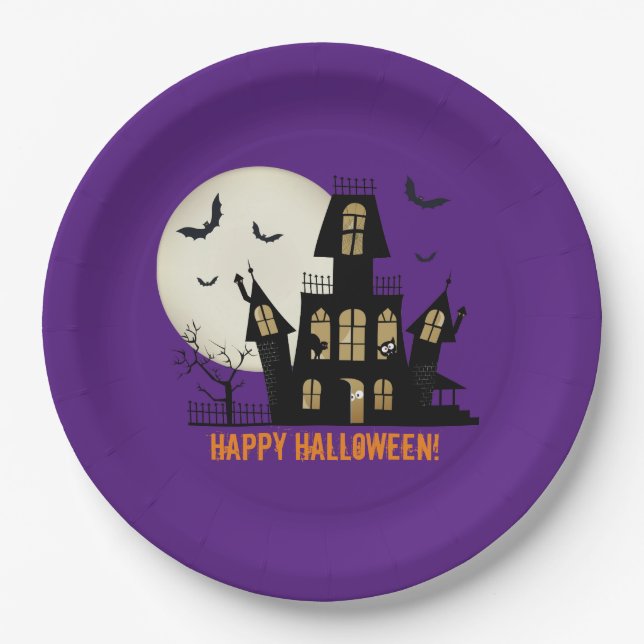 Happy Halloween Black Cat Spooky Haunted House Paper Plate (Front)