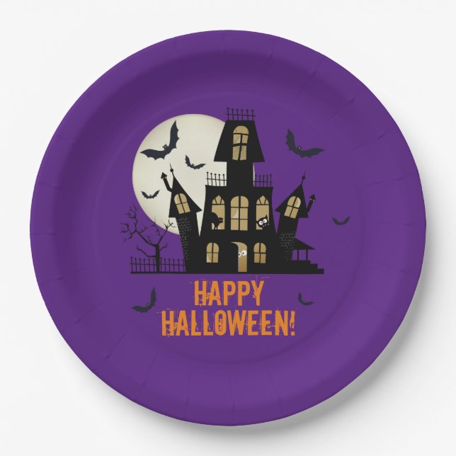 Happy Halloween Black Cat Spooky Haunted House  Paper Plate (Front)