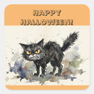 Happy Halloween Black Cat Square Stickers