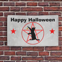 Happy Halloween Black Cat Stars Pentagram Grey