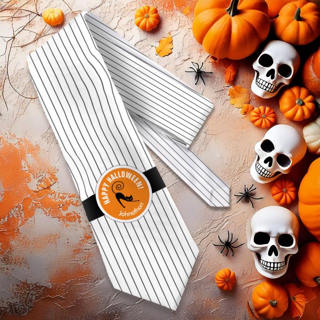 Happy Halloween Black Cat & Stripes ID686 Tie (Creator Uploaded)