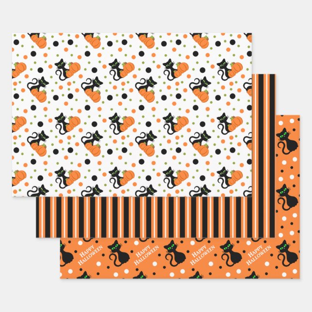 Happy Halloween Black Cat Stripes Polkadots Wrapping Paper Sheet (Set)