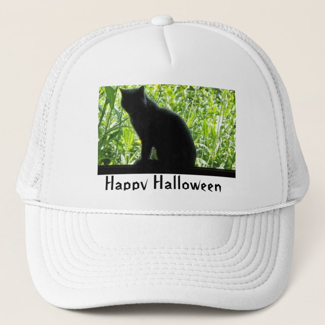 Happy Halloween Black Cat Trucker Hat (Front)