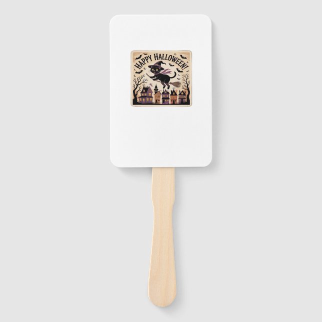 Happy Halloween Black Cat Witch Classic T-Shirt Hand Fan (Front)