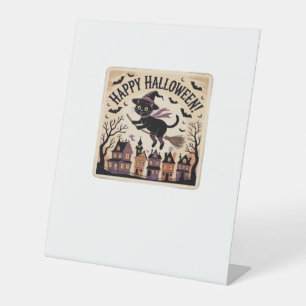 Happy Halloween Black Cat Witch Classic T-Shirt Pedestal Sign