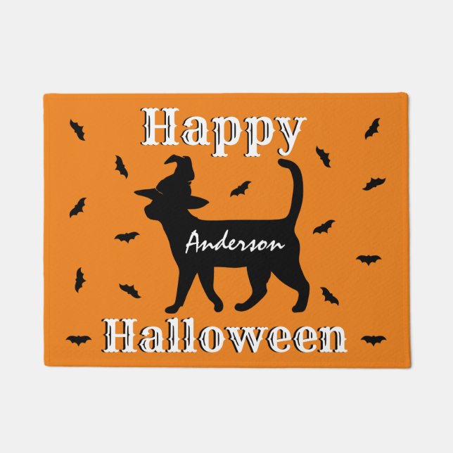 Happy Halloween Black Cat & Witch Hat Doormat (Front)