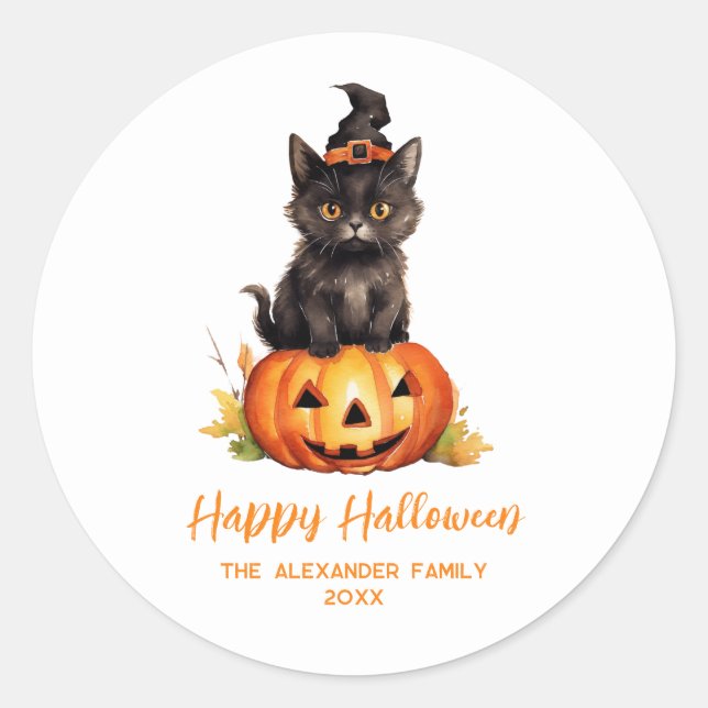 Happy Halloween Black Cat Witch Hat Pumpkin Classic Round Sticker (Front)