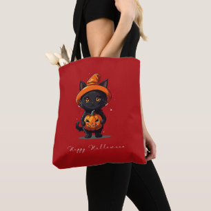 Happy Halloween Black Cat with Pumpkin Halloween Tote Bag