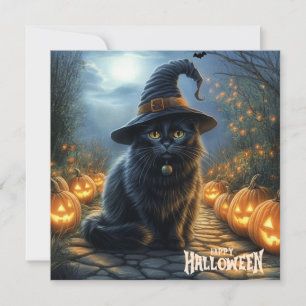 Happy Halloween Black Cat with Pumpkins  Holiday Card