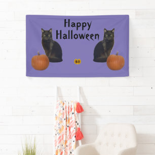 Happy Halloween Black Cats Pumpkins on Purple Banner