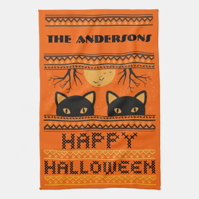 Happy Halloween Black Cats Ugly Sweater Faux Knit Tea Towel (Vertical)