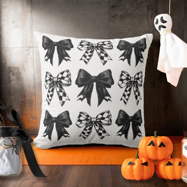 Happy Halloween Black checked bows Coquette Cushion (Happy Halloween Black checked bows Coquette Throw Pillow)