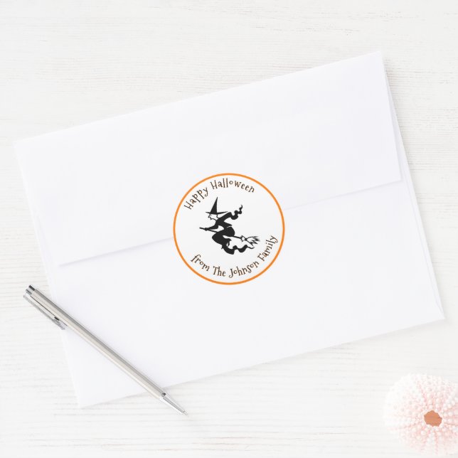 Happy Halloween Black Flying Witch Custom Name Classic Round Sticker (Envelope)