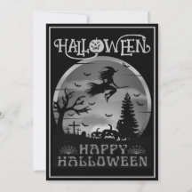 Happy Halloween Black Grey Witch Broom Cemetery