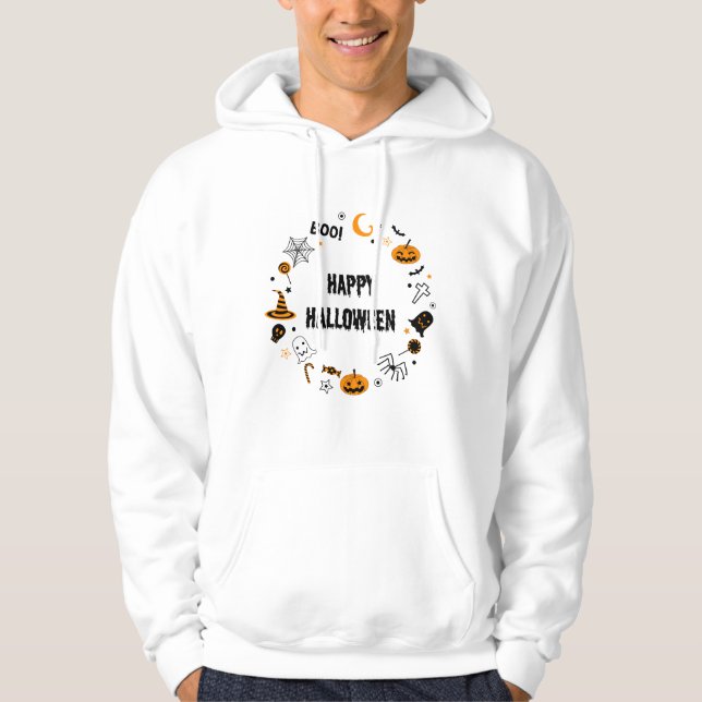 HAPPY HALLOWEEN: Black Illustrated Halloween Hoodie (Front)