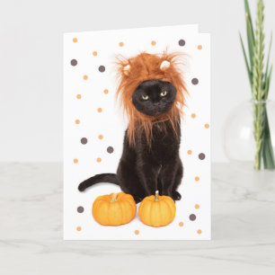 Happy Halloween Black Kitty Cat in Lion Costume Holiday Card