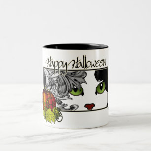 Happy Halloween Black 'n White Cat Two-Tone Coffee Mug