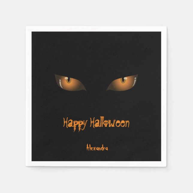 Happy Halloween | Black Orange Cat Eyes Napkin (Front)