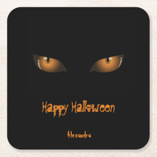 Happy Halloween   Black Orange Cat Eyes Square Paper Coaster