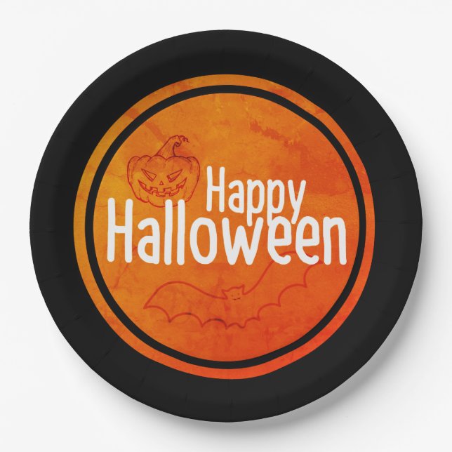 Happy Halloween Black & Orange Paper Plate (Front)