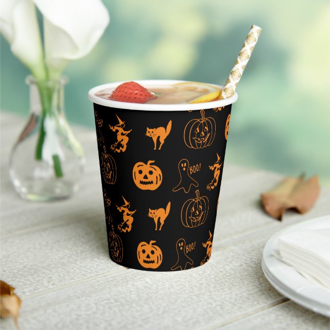 Happy Halloween black orange spooky pattern  Paper Cups (Insitu)