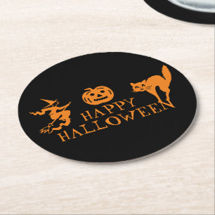 Happy Halloween black orange spooky Round Paper Coaster