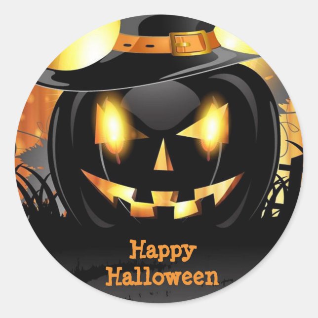 Happy Halloween Black Pumpkin Classic Round Sticker (Front)