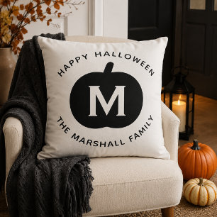 Happy Halloween Black Pumpkin Family Monogram Cushion
