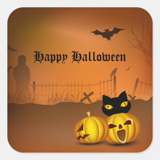 Happy Halloween Black Pumpkin Patch Cat Square Sticker (Front)