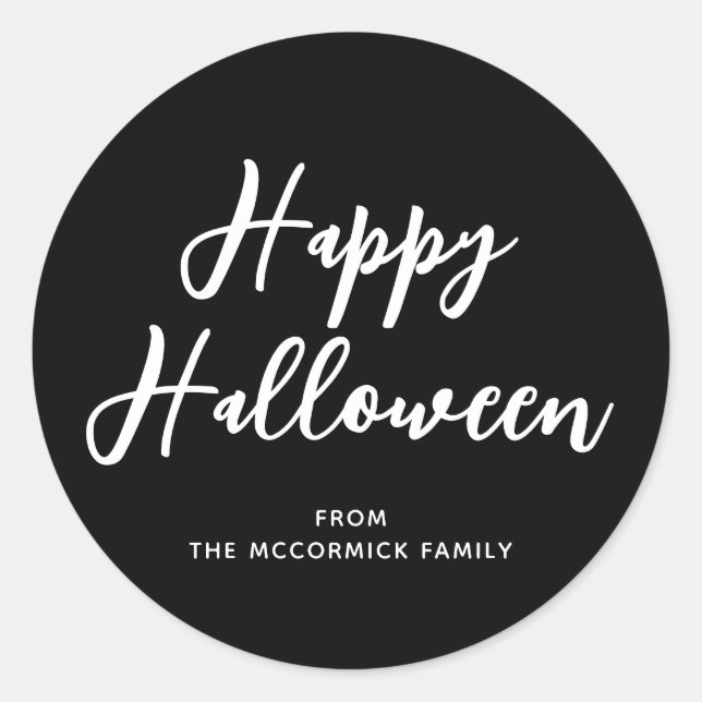 Happy Halloween Black Script Family Name Classic Round Sticker (Front)