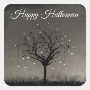 Happy Halloween Black Twinkling Star Tree Square Sticker