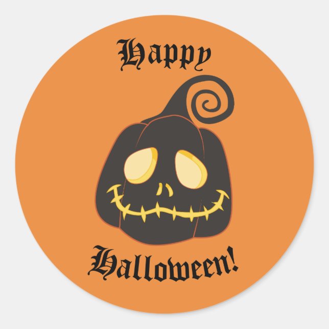 Happy Halloween Black Whimsical Pumpkin Smile Classic Round Sticker (Front)