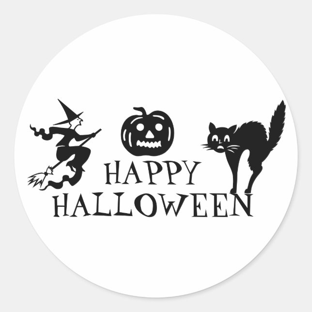 Happy Halloween black white spooky Classic Round Sticker (Front)