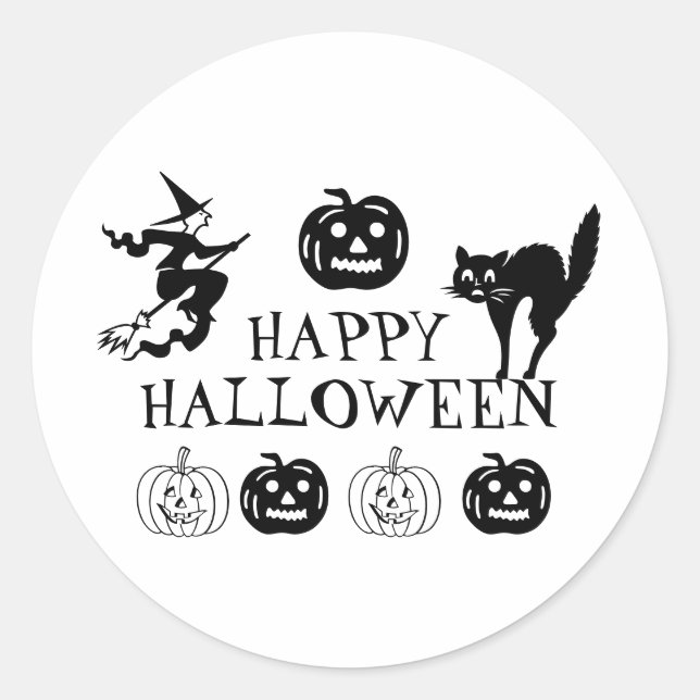 Happy Halloween black white spooky decor Classic Round Sticker (Front)