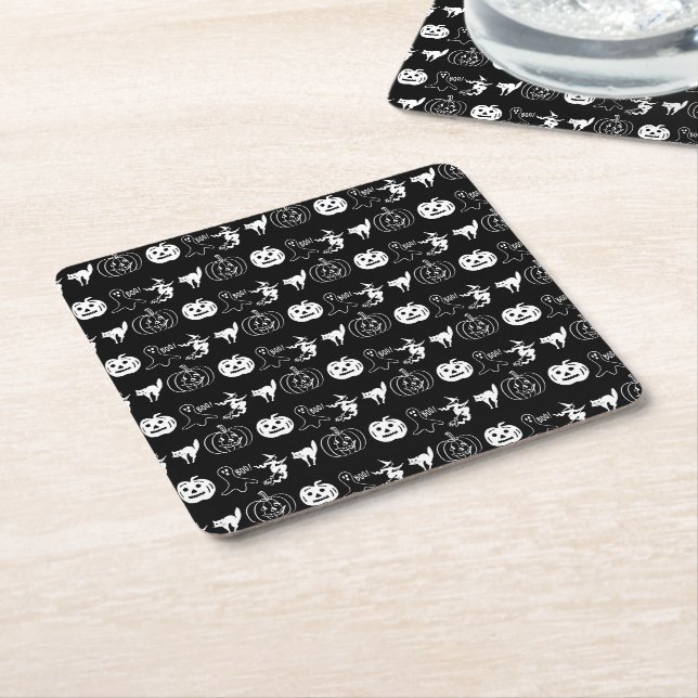 Happy Halloween black white spooky decor Square Paper Coaster (Angled)