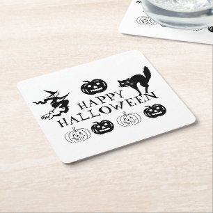 Happy Halloween black white spooky decor Square Paper Coaster