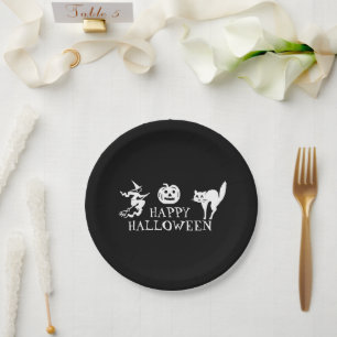 Happy Halloween black white spooky Paper Plate