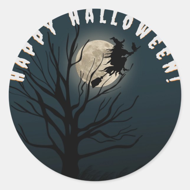 Happy halloween black white  witch classic round sticker (Front)