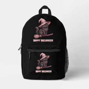 Happy Halloween Black Witch Cat Printed Backpack
