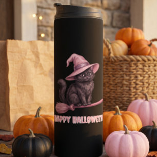 Happy Halloween Black Witch Cat Thermal Tumbler