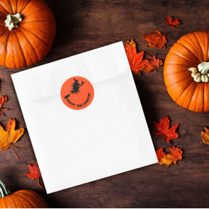 Happy halloween black witch orange classic round sticker